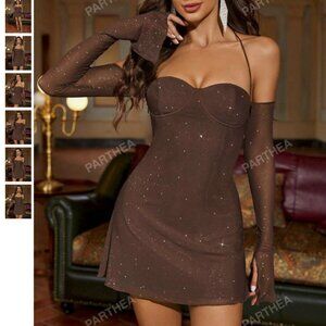 [NWT NEW WITH TAGS] Parthea Sparkly Sequin Tie Backless Bustier Sleeved Dress